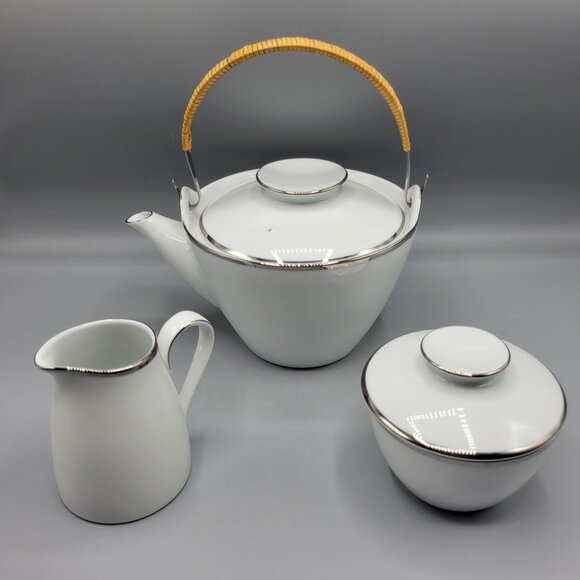 Vtg Noritake Pilgrim White Porcelain Teapot Sugar & Creamer Set Made In Japan - Picture 1 of 16